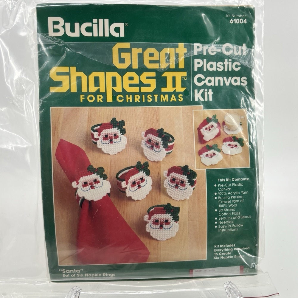 Bucilla Christmas Plastic Canvas Kit Santa Napkin Rings‎ 6 Table Decor Scape